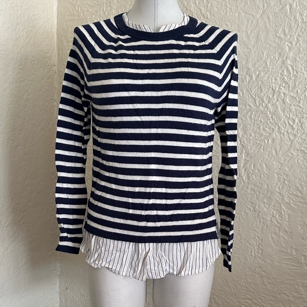 Joie Navy Blue Ivory Stripe Layered Look Sweater Wool Cashmere Blend Silk XS